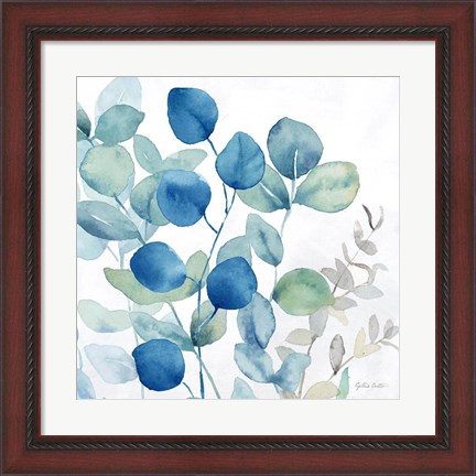 Framed Eucalyptus Leaves Navy I Print