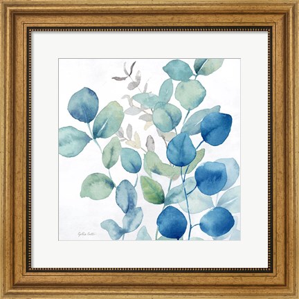 Framed Eucalyptus Leaves Navy II Print