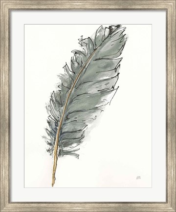 Framed Gold Feathers VII Green Print