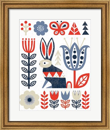 Framed Folk Lodge Rabbit Red Navy Print