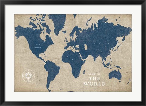 Framed Burlap World Map I Navy Print