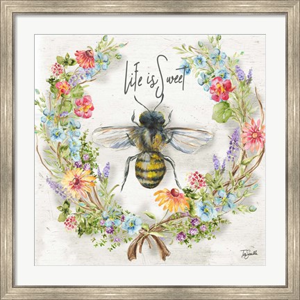 Framed Honey Bee and Herb Blossom Wreath I Print