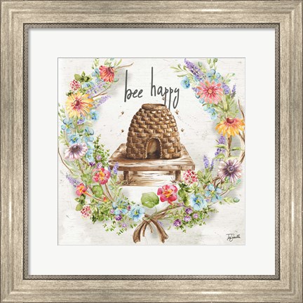 Framed Honey Bee and Herb Blossom Wreath II Print