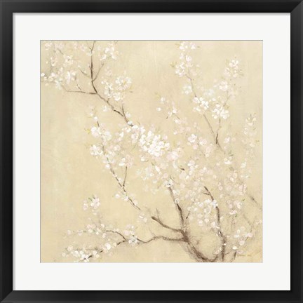 Framed White Cherry Blossoms I Linen Crop Print