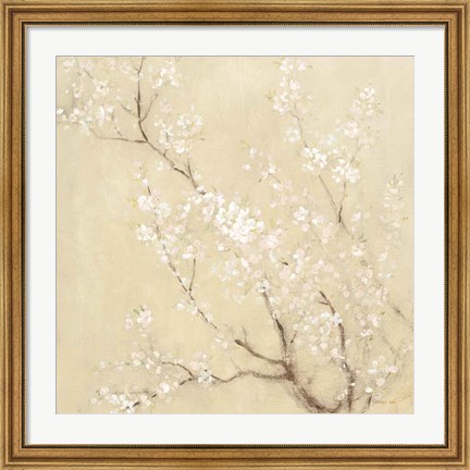 Framed White Cherry Blossoms I Linen Crop Print