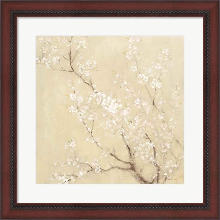 Framed White Cherry Blossoms I Linen Crop Print