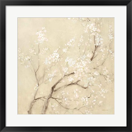 Framed White Cherry Blossoms II Linen Crop Print