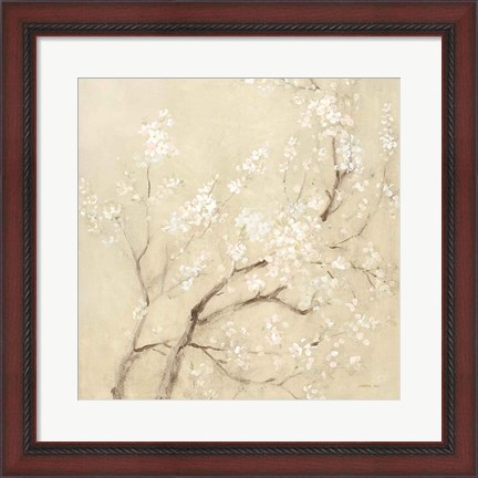 Framed White Cherry Blossoms II Linen Crop Print