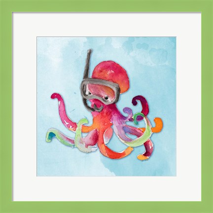 Framed Snorkeling Octopus on Watercolor Print