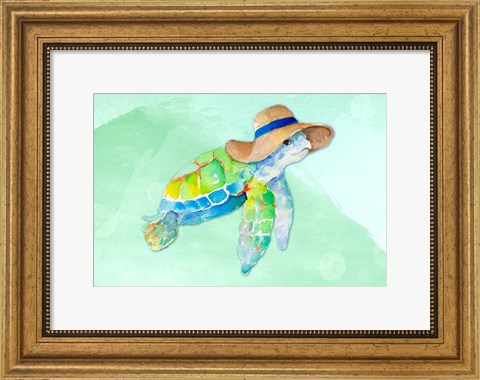 Framed Turtle With Hat on Watercolor (blue) Print