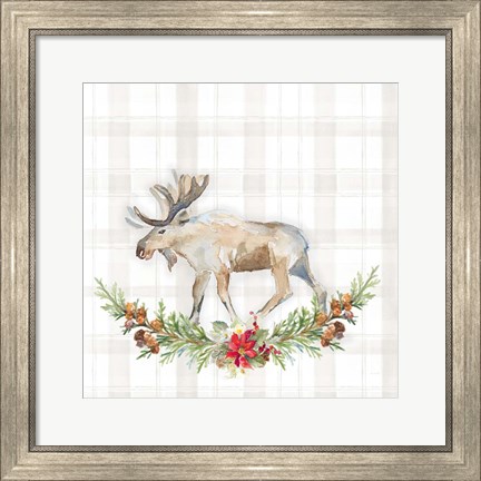 Framed Holiday Woodland Garland on Plaid I Print