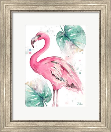 Framed Watercolor Leaf Flamingo I Print