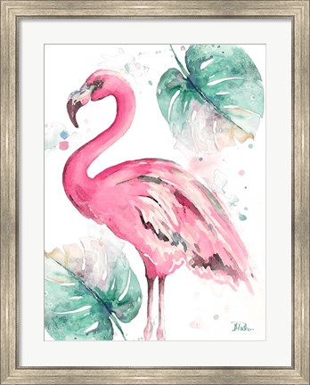 Framed Watercolor Leaf Flamingo I Print