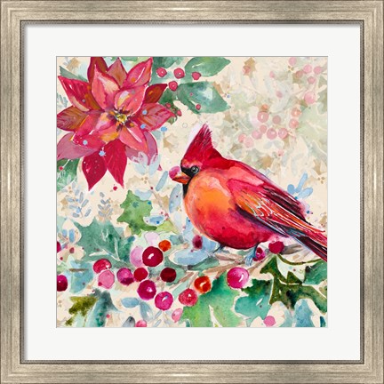 Framed Holiday Poinsettia and Cardinal I Print