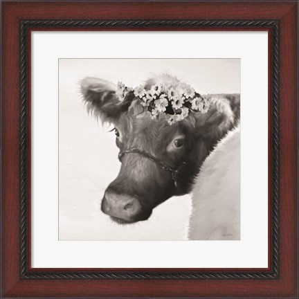 Framed Brown Cow with Flowers Print
