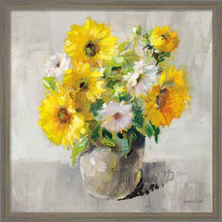 Framed Sunflower Still Life I on Gray Print