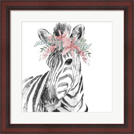 Framed Water Zebra with Floral Crown Square Print