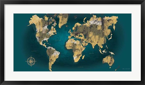 Framed Sketched World Map Blue Crop Print