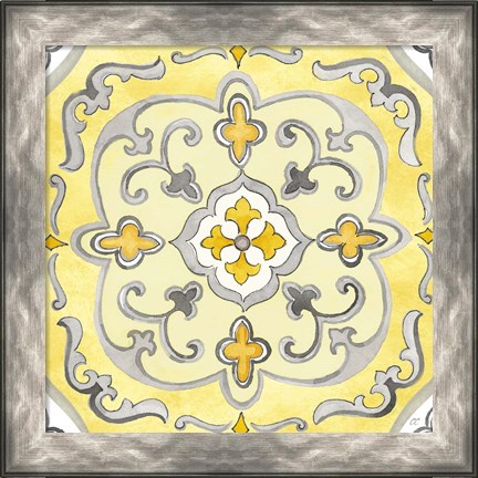 Framed Jewel Medallion yellow gray II Print