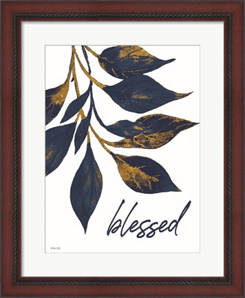 Framed Blessed Navy Gold Leaves Print