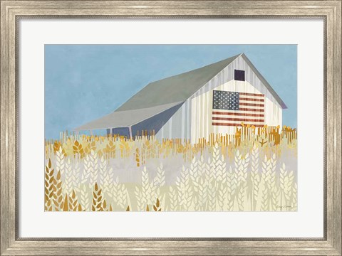 Framed Wheat Fields Barn with Flag Print