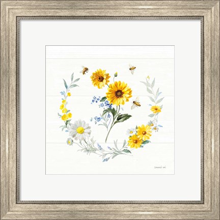 Framed Bees and Blooms Flowers V with Wreath Print