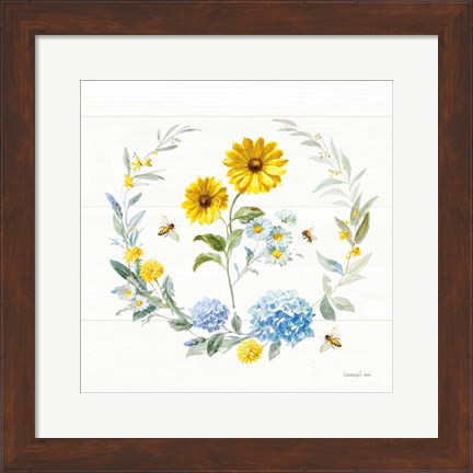 Framed Bees and Blooms Flowers IV with Wreath Print