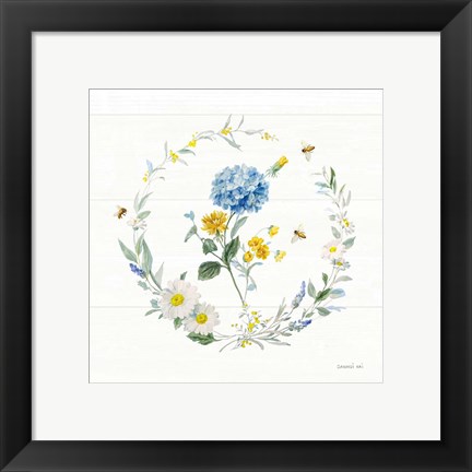 Framed Bees and Blooms Flowers III with Wreath Print