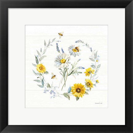 Framed Bees and Blooms Flowers II with Wreath Print