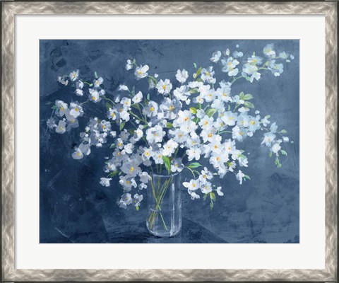 Framed Fresh White Bouquet Dark Blue Print