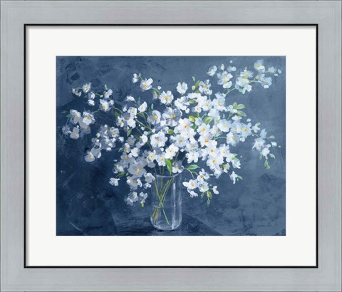 Framed Fresh White Bouquet Dark Blue Print