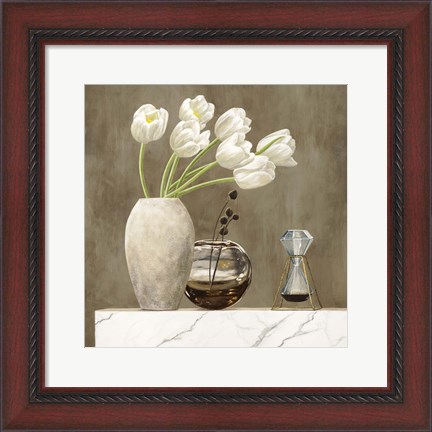 Framed Floral Setting on White Marble I Print