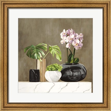 Framed Floral Setting on White Marble II Print