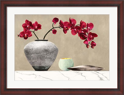 Framed Red Orchids on White Marble (detail) Print