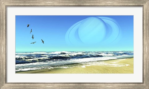 Framed Flock of Seagulls Fly Over Ocean Waves With Saturn Planet in the Sky Print