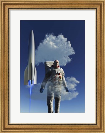 Framed Human Astronaut in Front of a Rocketship Taking Off Print