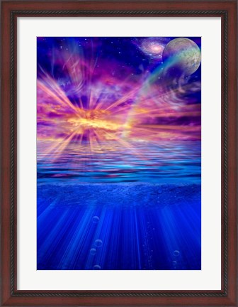 Framed Vivid Sky With Moon and Galaxy Over a Calm Water Surface Print