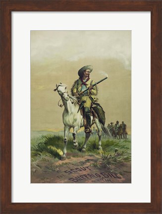 Framed Buffalo Bill on horseback, holding Smoking Rifle Print