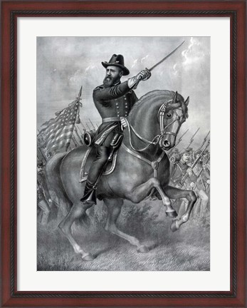 Framed General Benjamin Harrison on horseback, during the Battle of Resaca Print