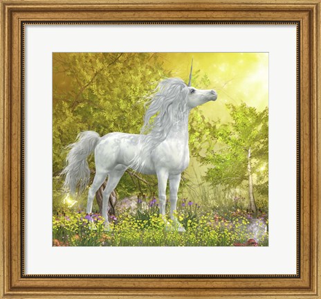 Framed White Unicorn Stallion Stands in a Meadow Full of Flowers Print