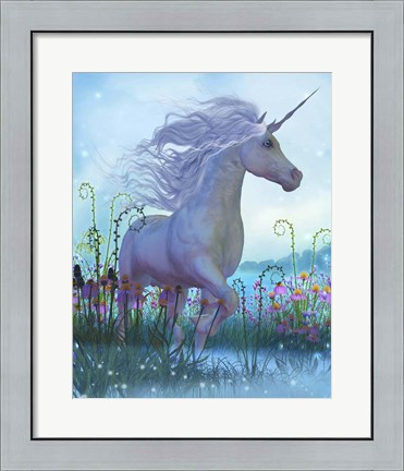 Framed White Unicorn Stallion in a Garden Full of Flowers and Plants Print