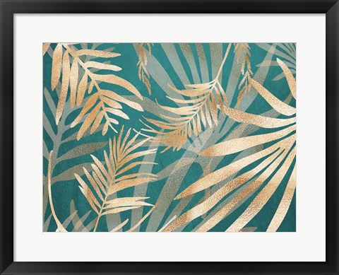 Framed Glam Leaves Teal 2 Print