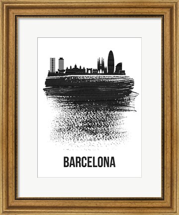 Framed Barcelona Skyline Brush Stroke Black Print