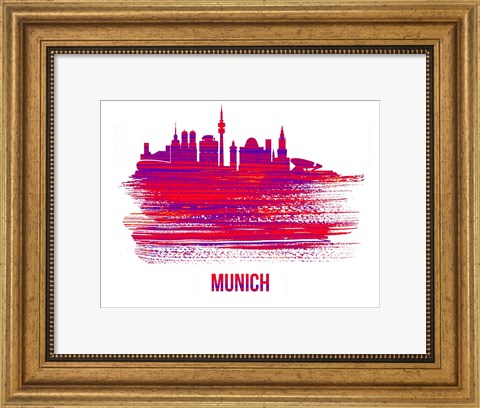 Framed Munich Skyline Brush Stroke Red Print