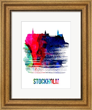 Framed Stockholm Skyline Brush Stroke Watercolor Print