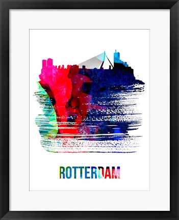 Framed Rotterdam Skyline Brush Stroke Watercolor Print