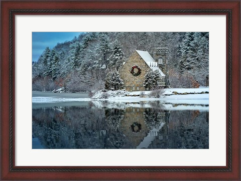 Framed Newfallen Snow at the Old Stone Church Print