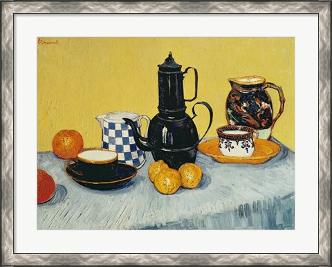 Framed Still Life with Blue Enamel Coffeepot, Earthenware and Fruit Print