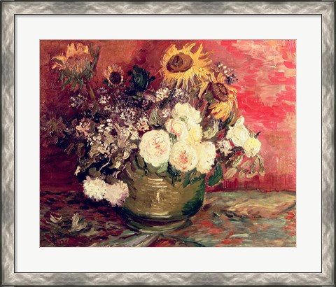 Framed Sunflowers, Roses and other Flowers in a Bowl, 1886 Print