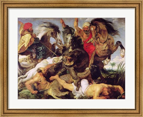 Framed Hippopotamus and Crocodile Hunt Print